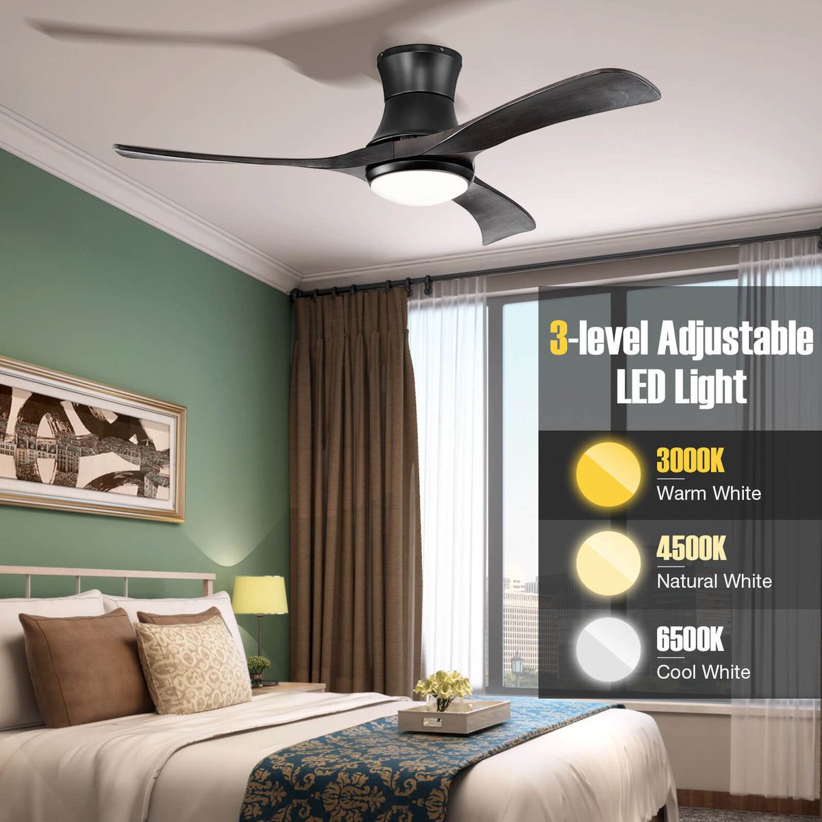 Costway 52-Inch Flush Mount Ceiling Fan with LED Light - Style 3 Black
