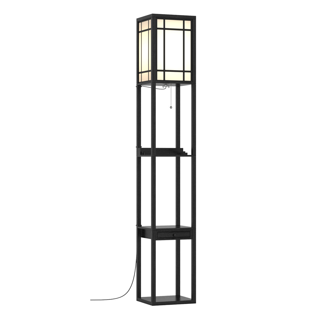 Modern Floor Lamp with Shelves Drawer USB Charging Outlet White Lampshade