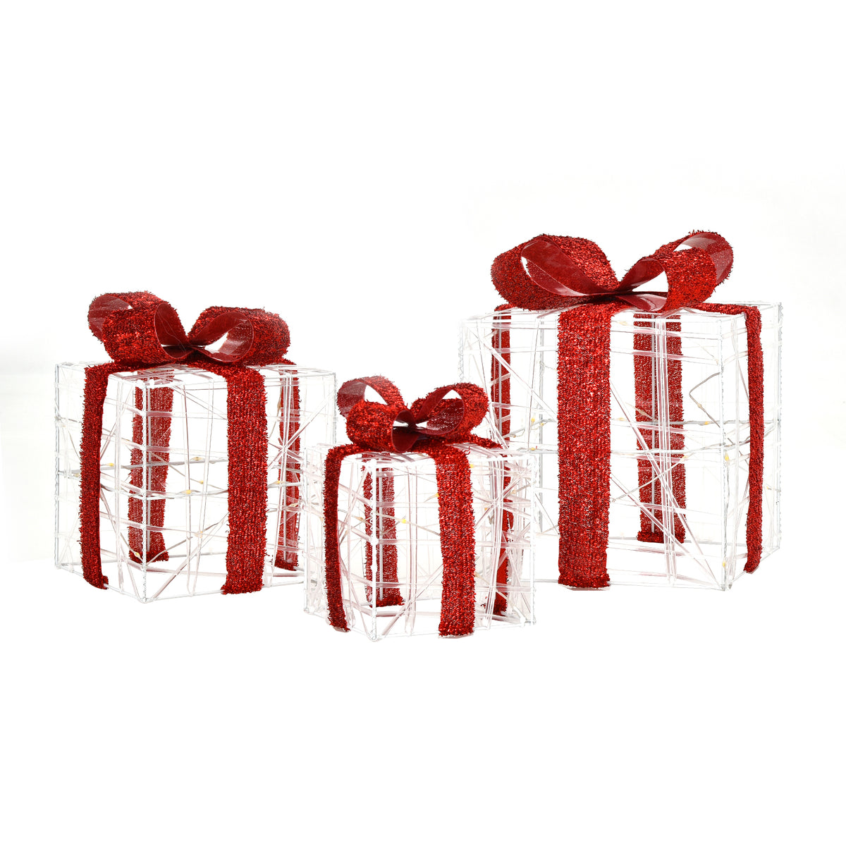 Set of 3 Lighted Christmas Gift Boxes with 100 Warm White Lights - Outdoor Waterproof Holiday Decor