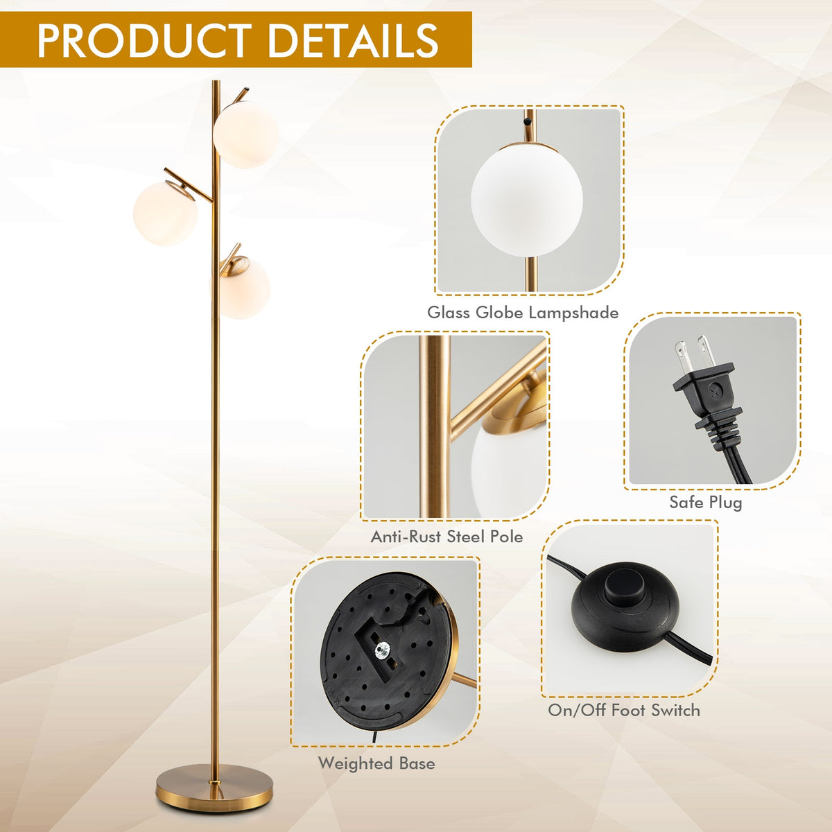 Golden 3-Globe Floor Lamp with Foot Switch and Bulb Bases