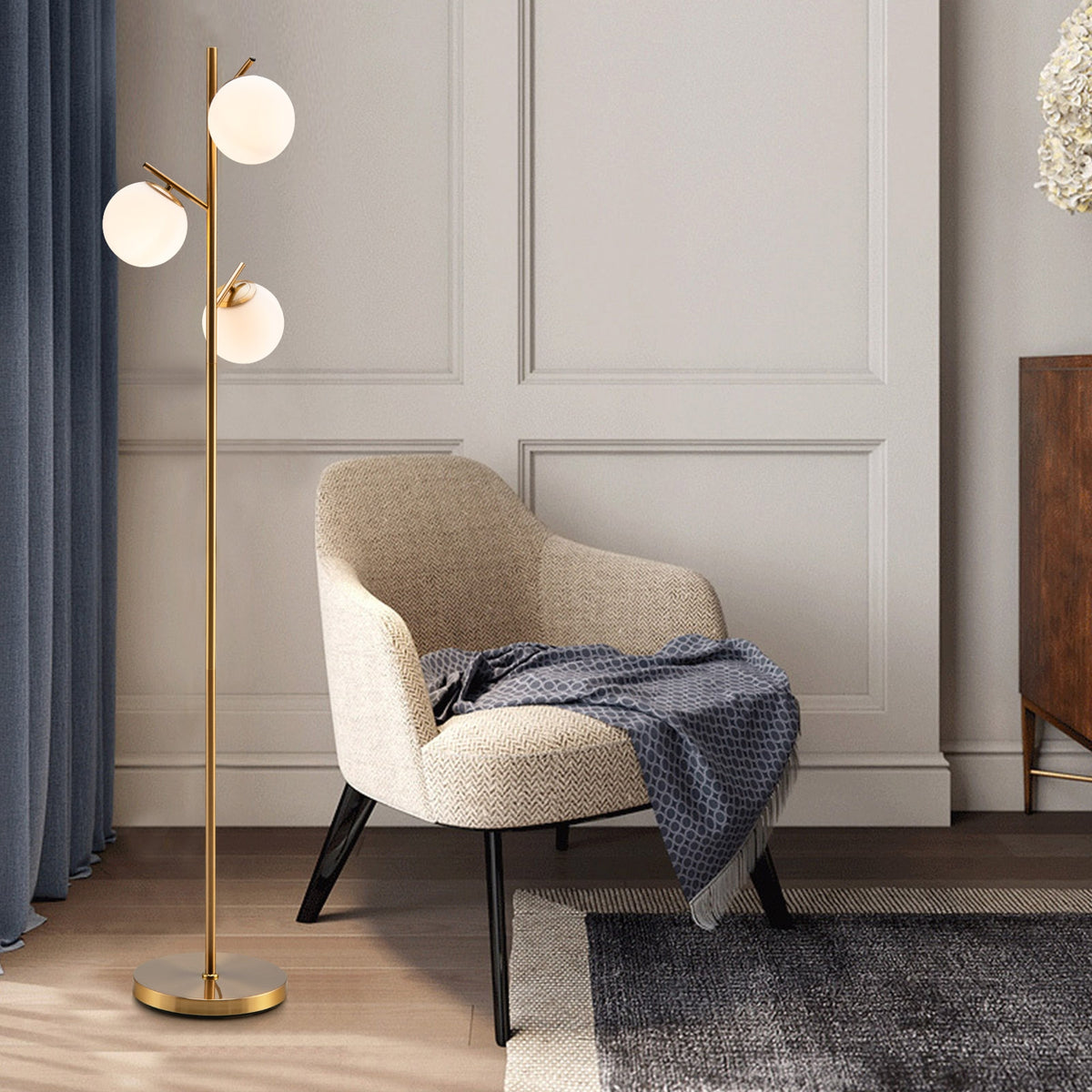 Golden 3-Globe Floor Lamp with Foot Switch and Bulb Bases