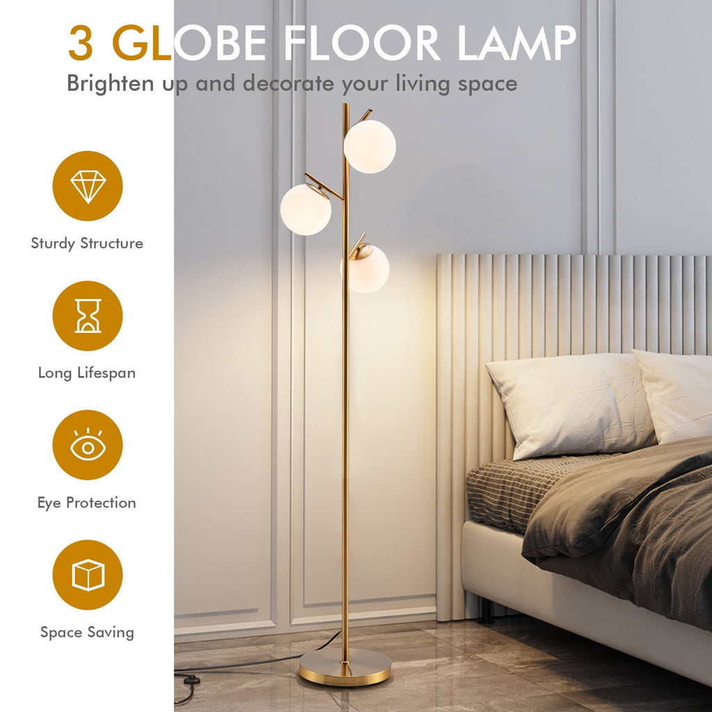 Golden 3-Globe Floor Lamp with Foot Switch and Bulb Bases