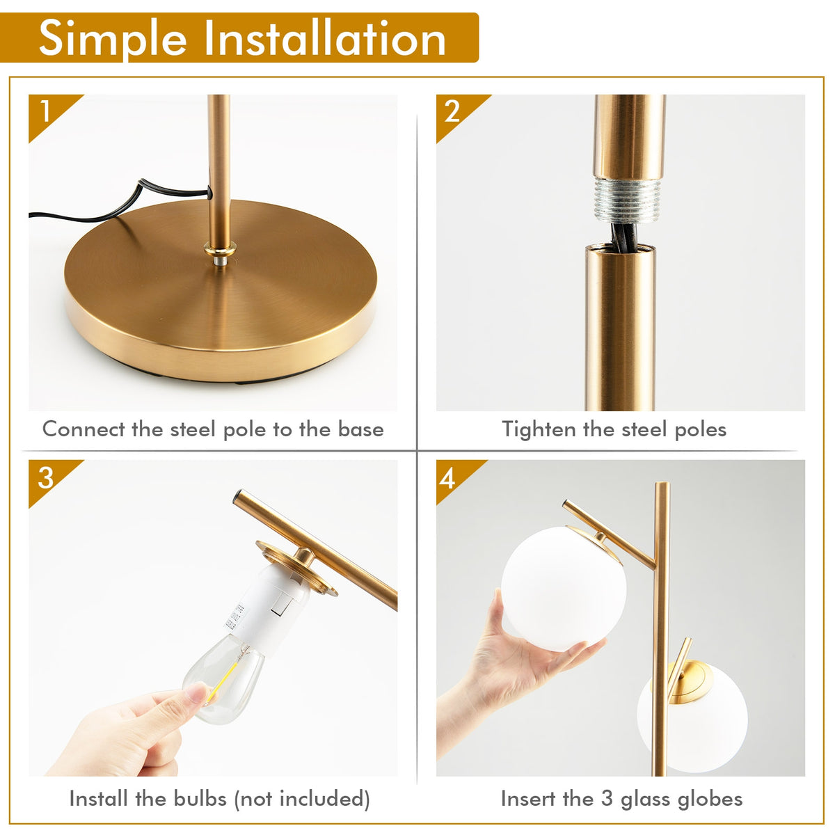Golden 3-Globe Floor Lamp with Foot Switch and Bulb Bases