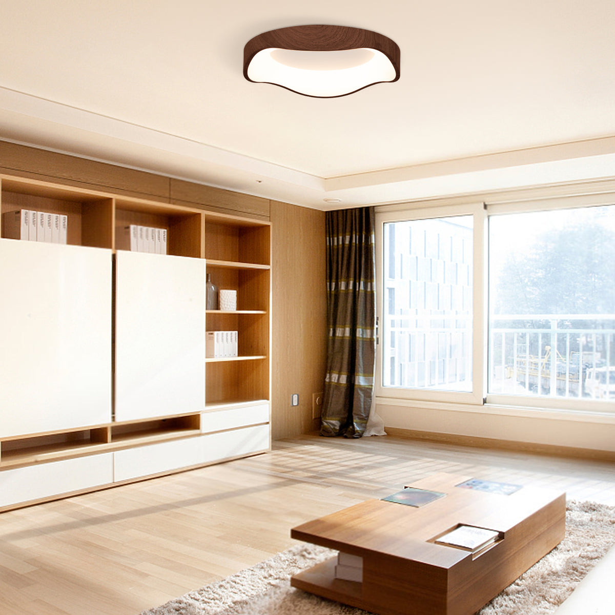 24W Modern Ceiling Light with Wood Pattern & Metal Frame - Brown