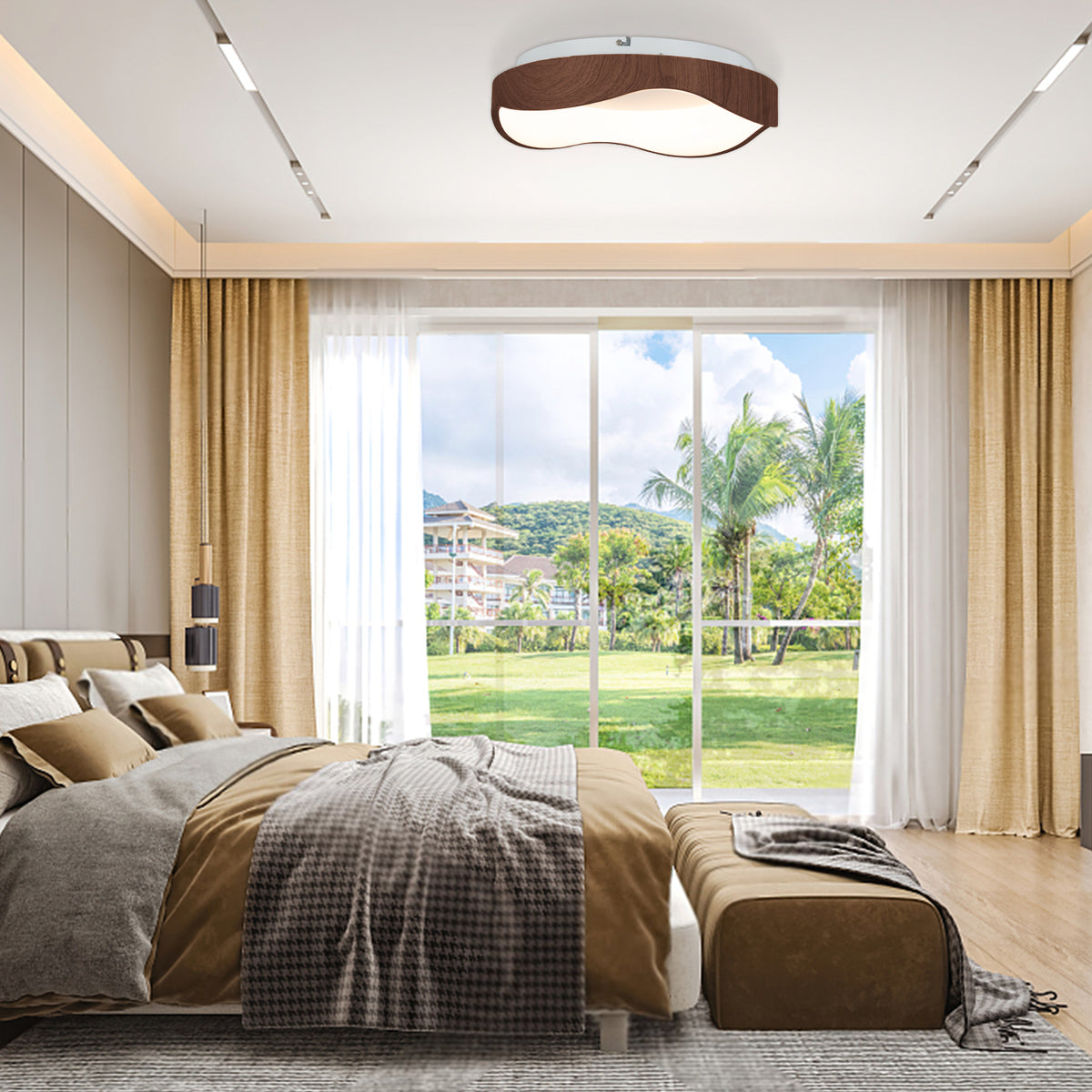 24W Modern Ceiling Light with Wood Pattern & Metal Frame - Brown