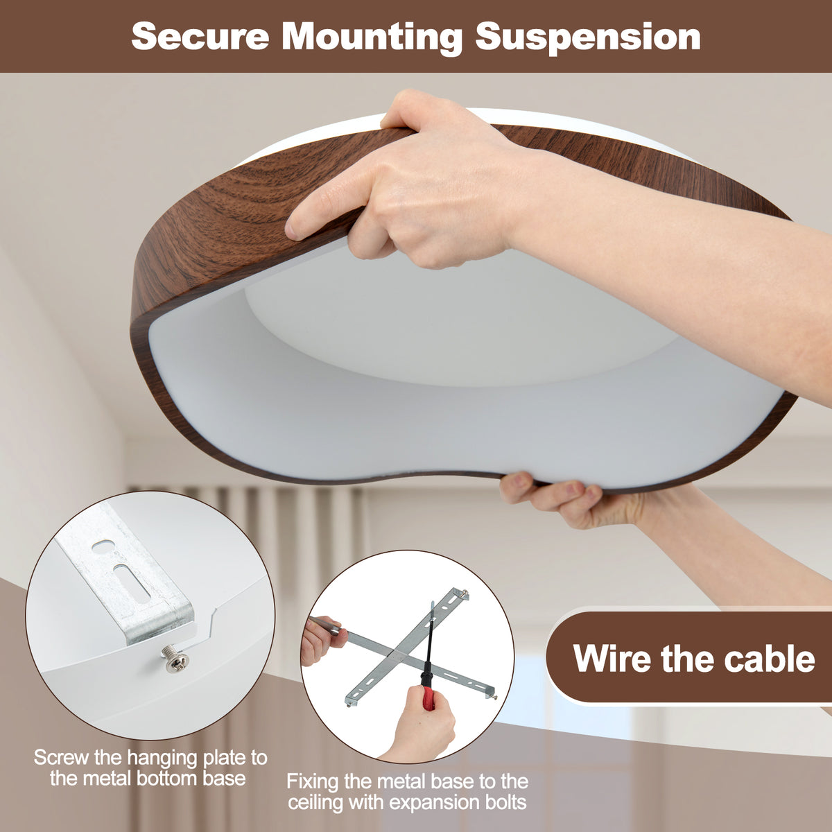 24W Modern Ceiling Light with Wood Pattern & Metal Frame - Brown