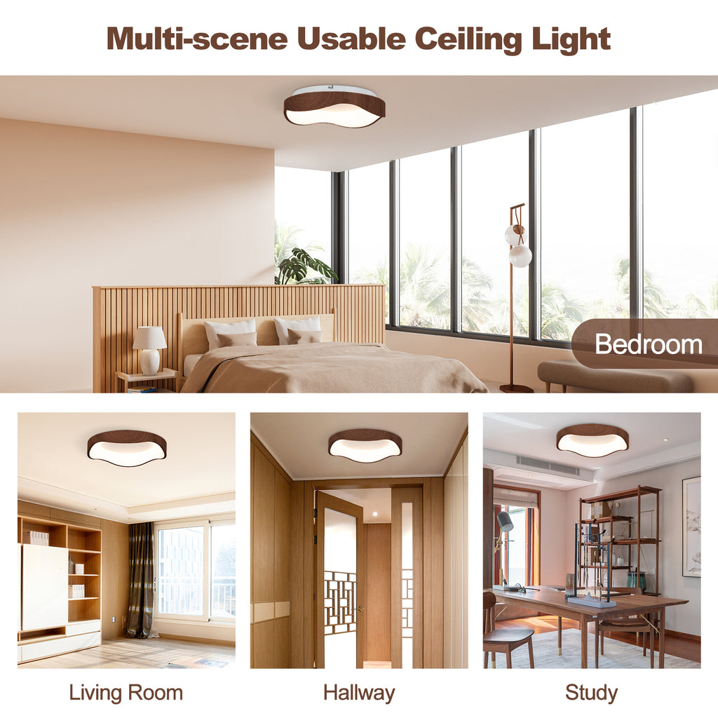 24W Modern Ceiling Light with Wood Pattern & Metal Frame - Brown