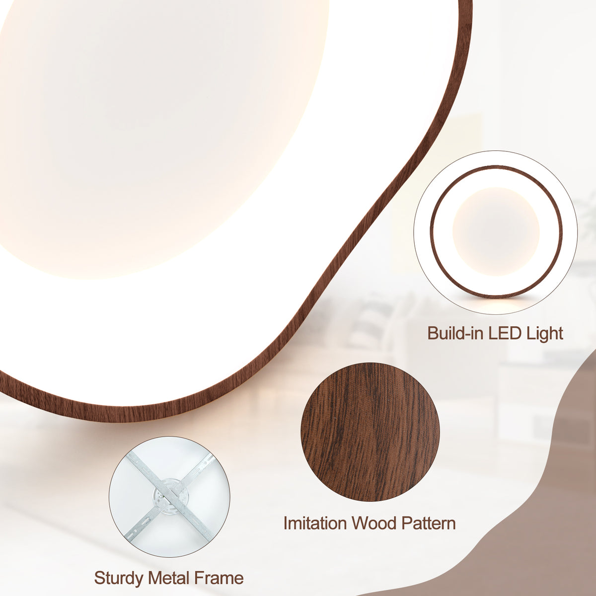24W Modern Ceiling Light with Wood Pattern & Metal Frame - Brown