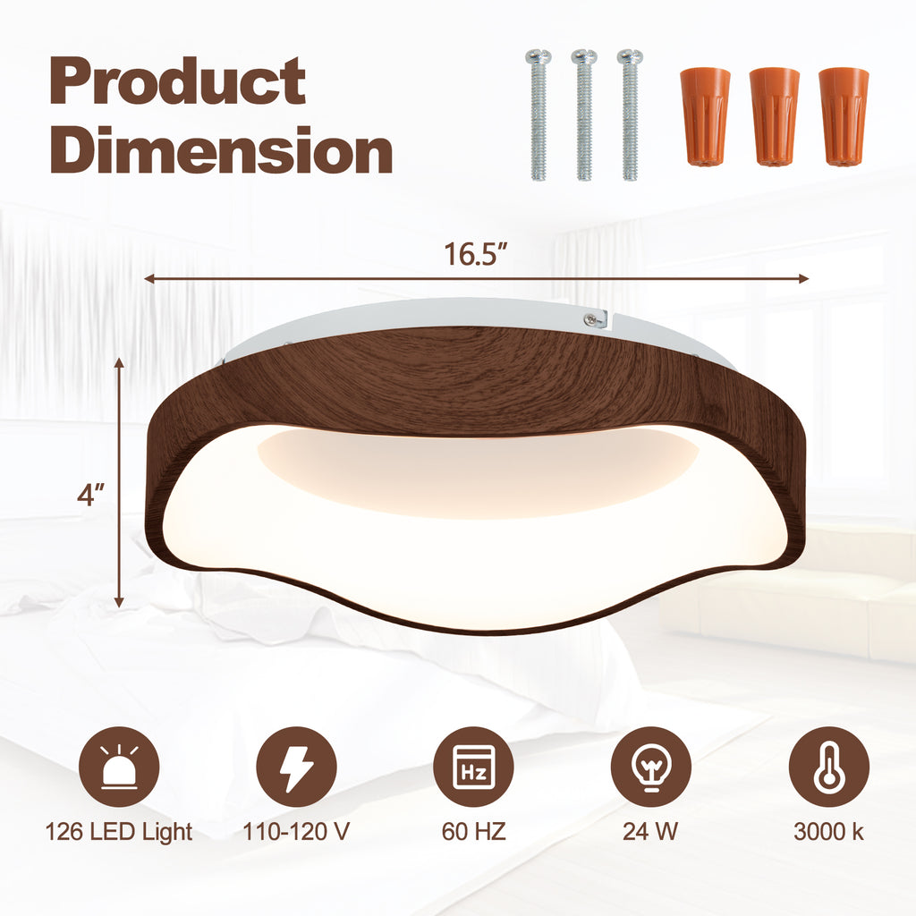 24W Modern Ceiling Light with Wood Pattern & Metal Frame - Brown