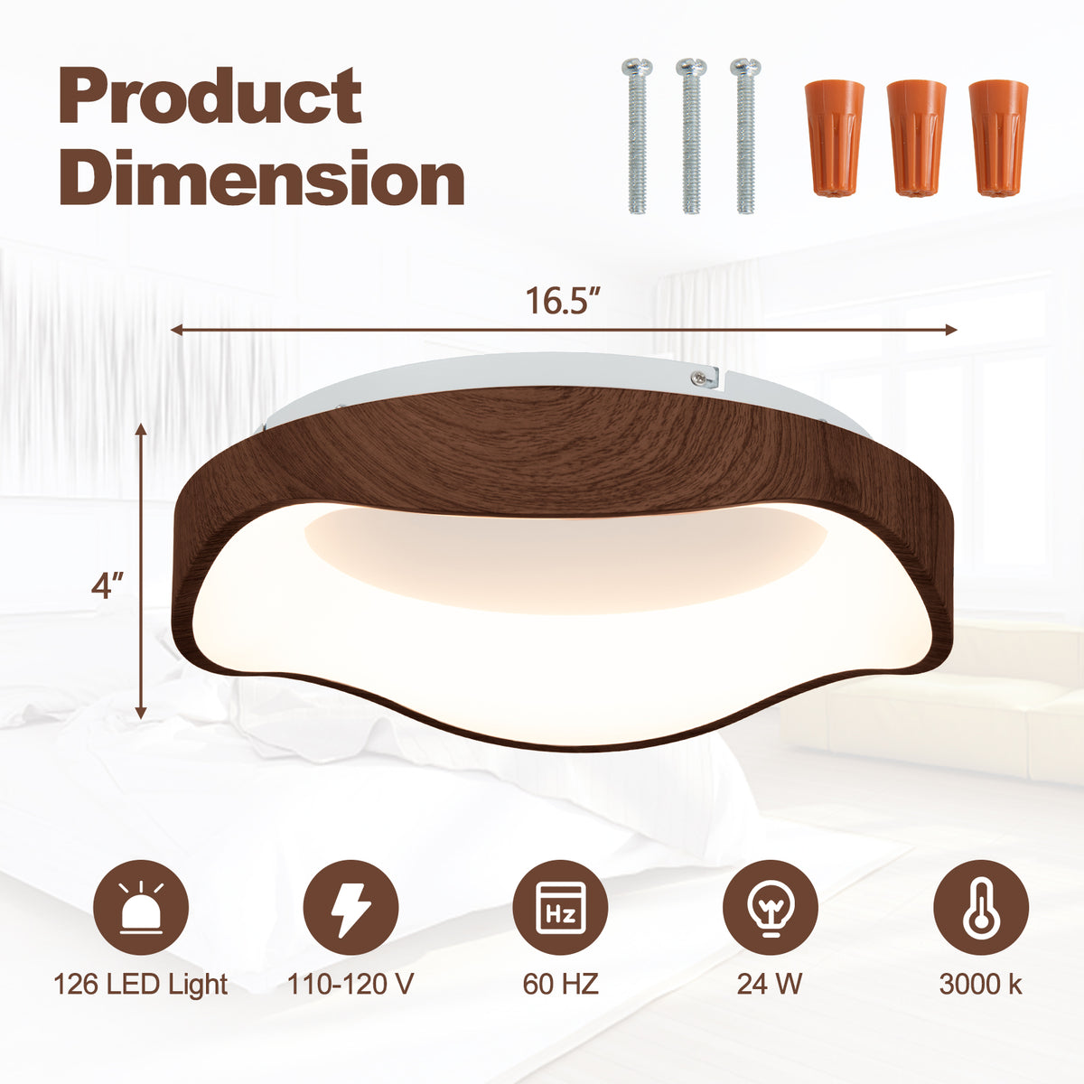 24W Modern Ceiling Light with Wood Pattern & Metal Frame - Brown