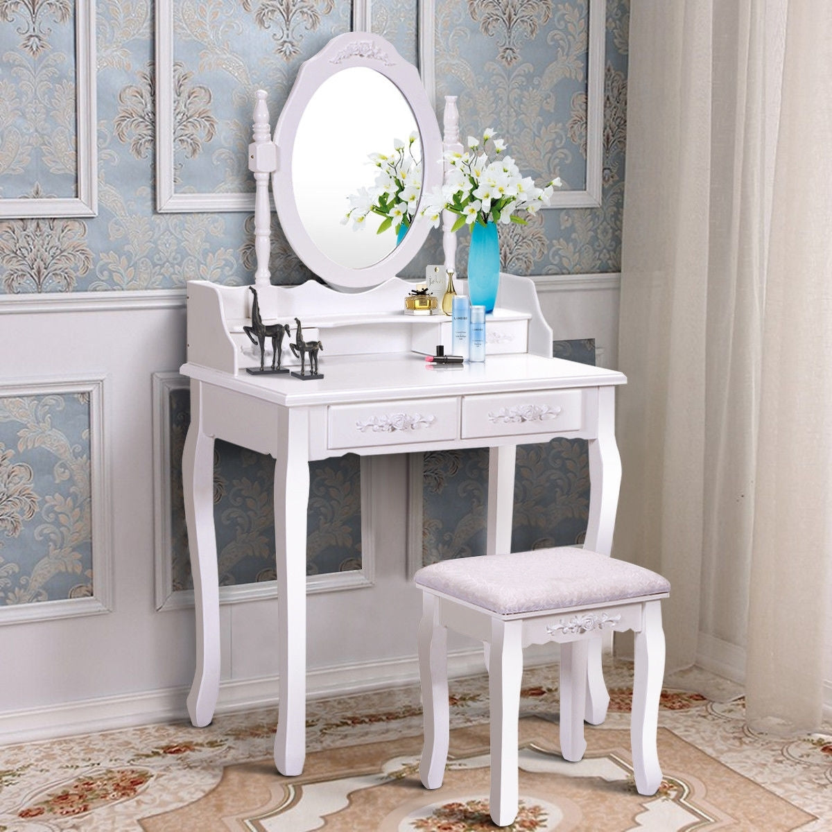 Wood Vanity Table Set with Mirror & Stool - White, 2 Drawers
