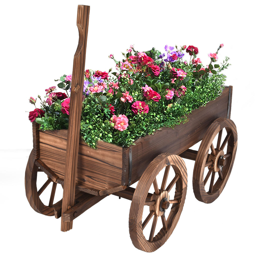 Wood Wagon Planter Pot Stand with Wheels - Style 7