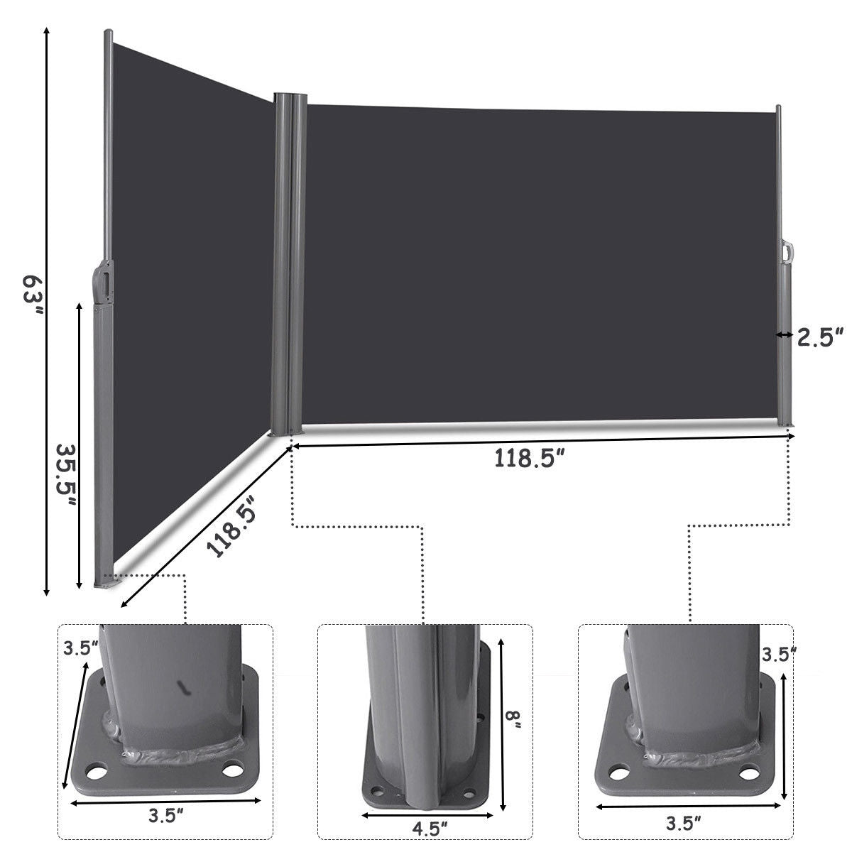 Patio Retractable Side Awning Screen Divider – 118.5 x 63 Inch