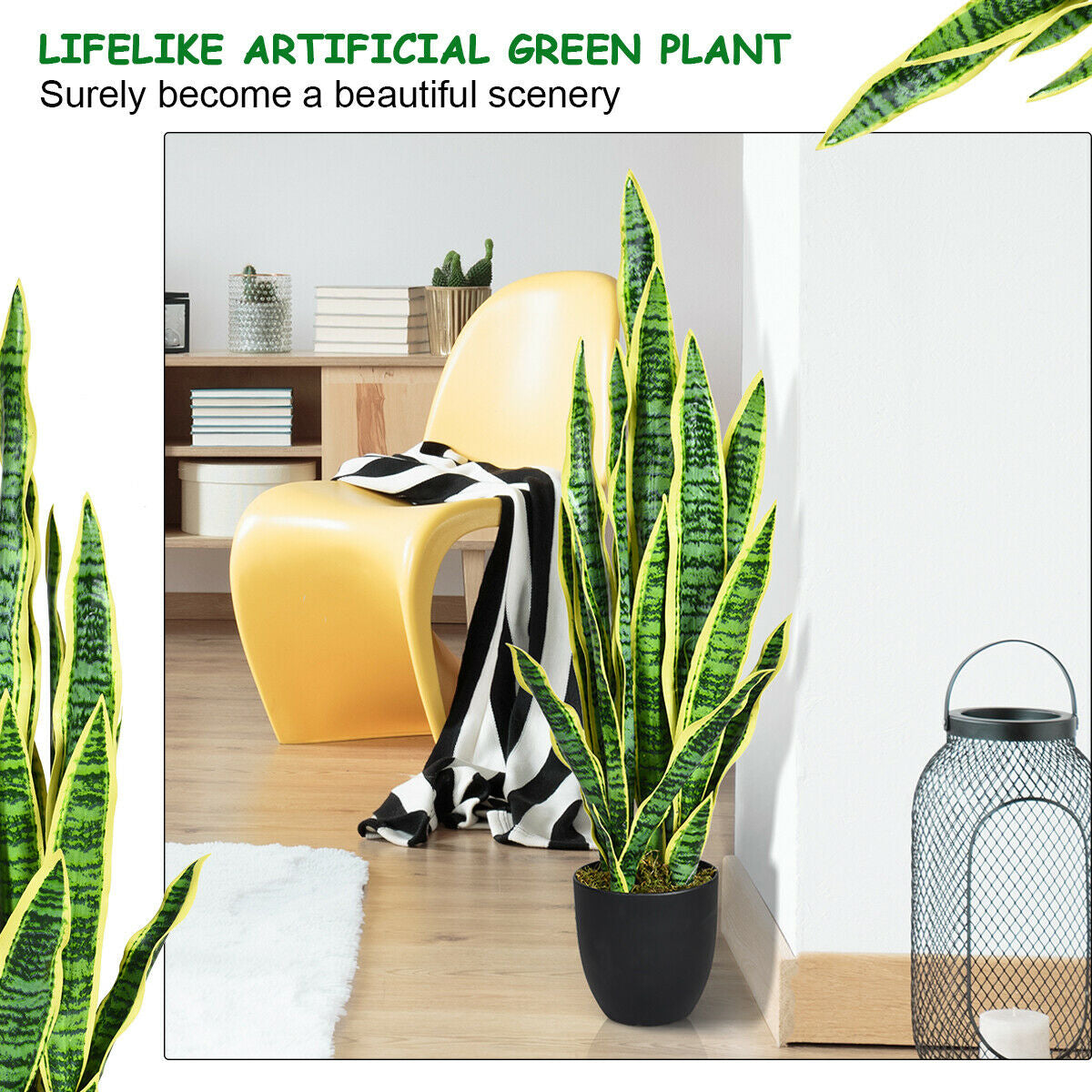 Artificial Snake Plant 35.5 Inch Indoor Outdoor Decor Green & Yellow Leaves