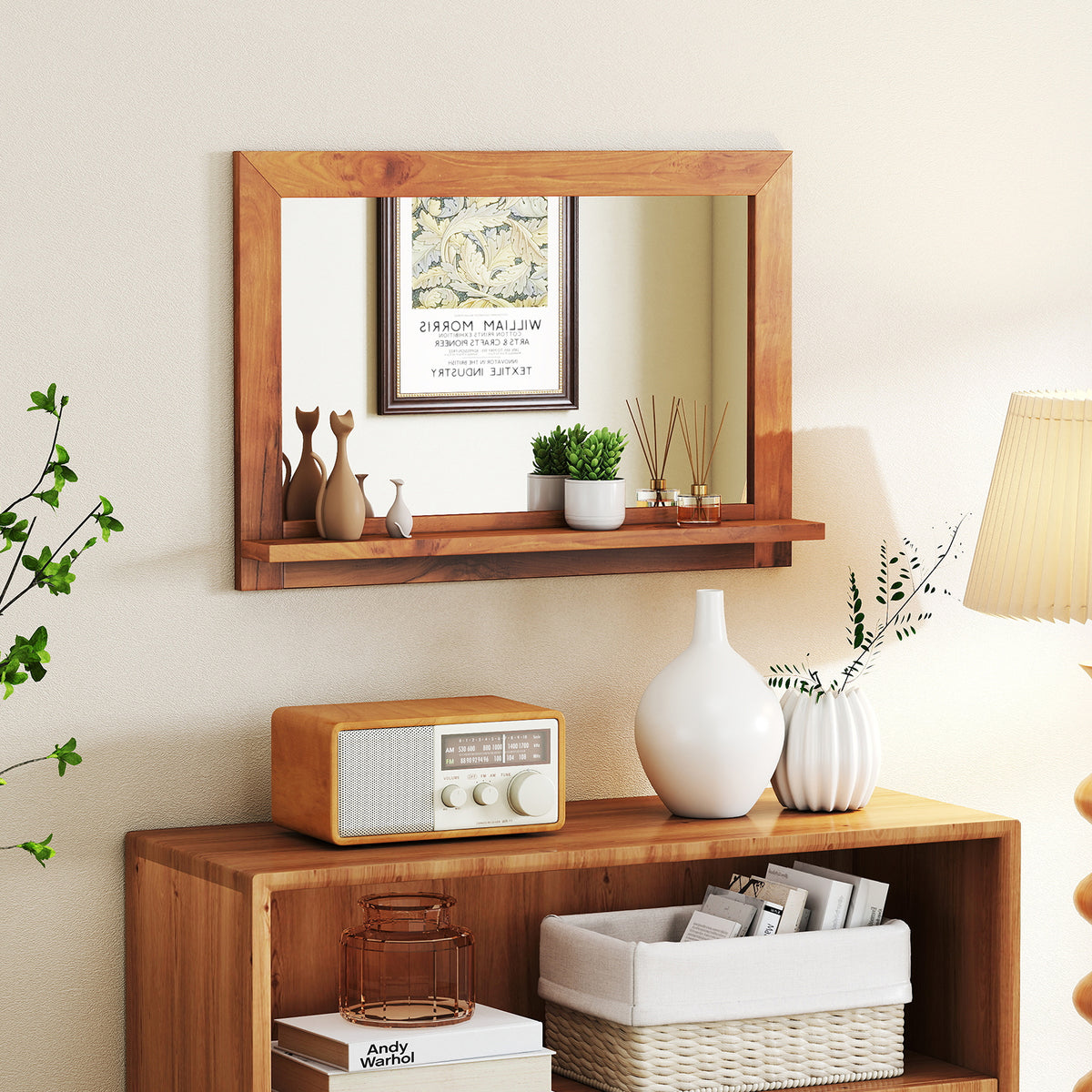 Farmhouse Wall Mirror with Shelf and Teak Wood Frame - Rustic Bathroom & Entryway Decor
