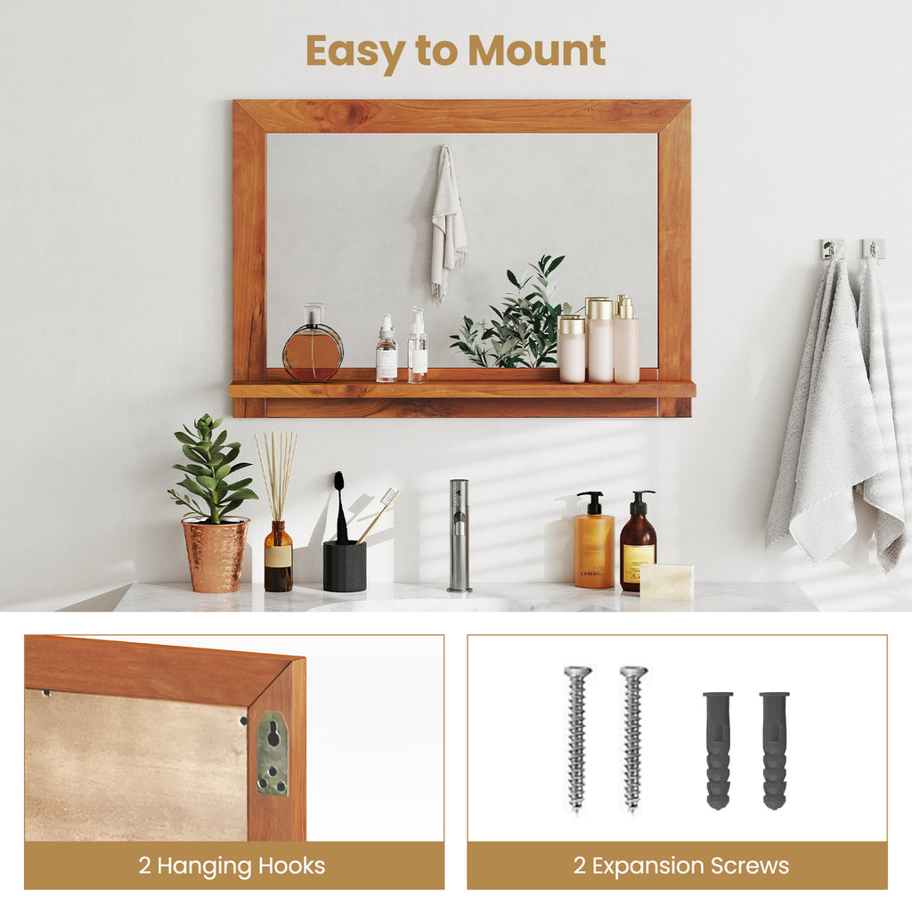 Farmhouse Wall Mirror with Shelf and Teak Wood Frame - Rustic Bathroom & Entryway Decor