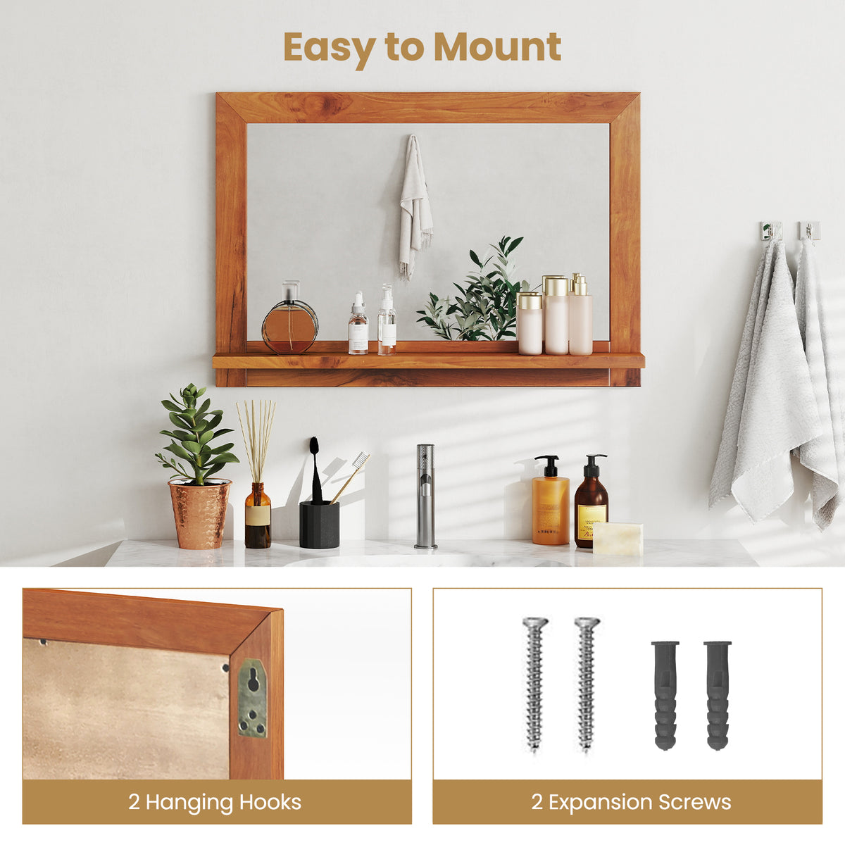 Farmhouse Wall Mirror with Shelf and Teak Wood Frame - Rustic Bathroom & Entryway Decor