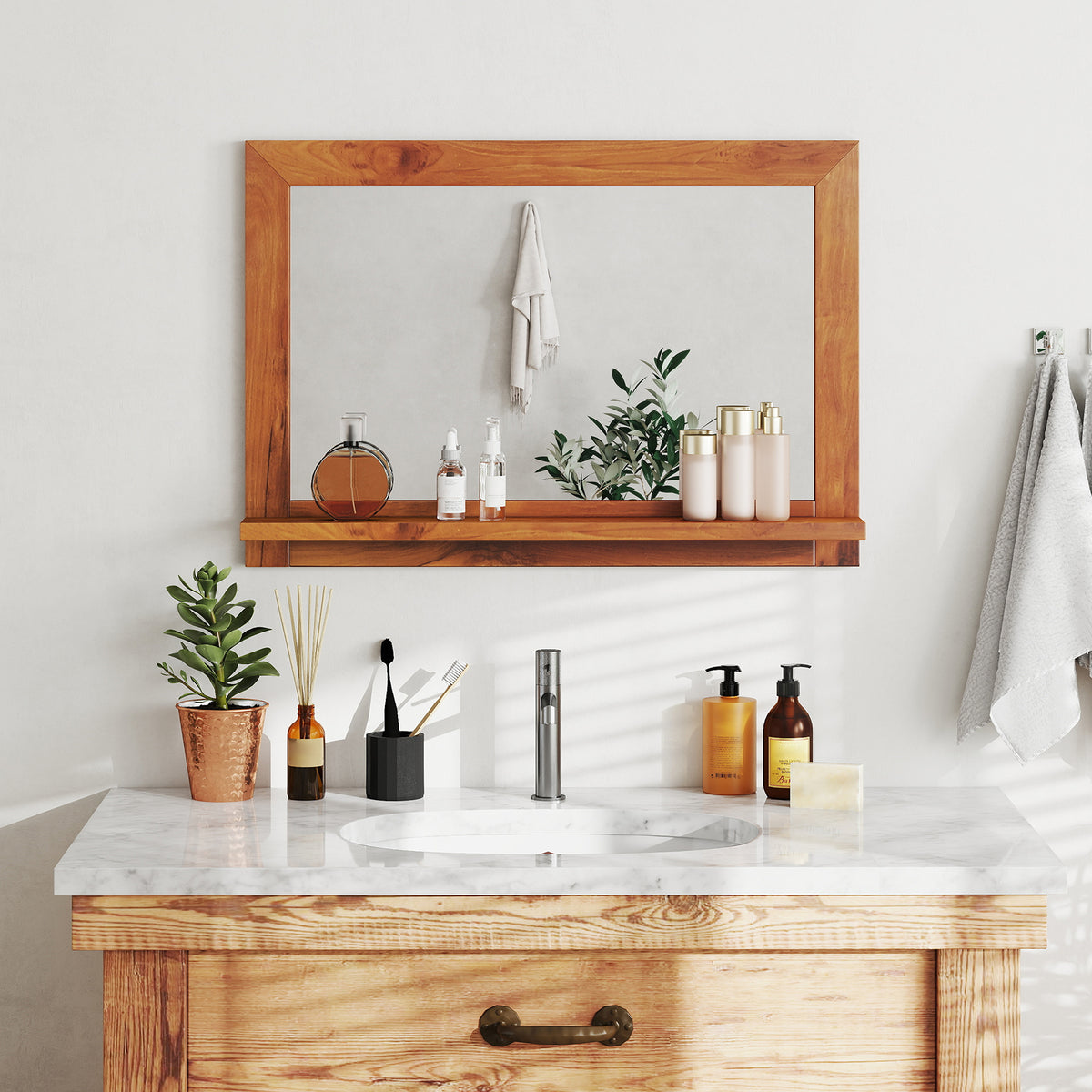 Farmhouse Wall Mirror with Shelf and Teak Wood Frame - Rustic Bathroom & Entryway Decor