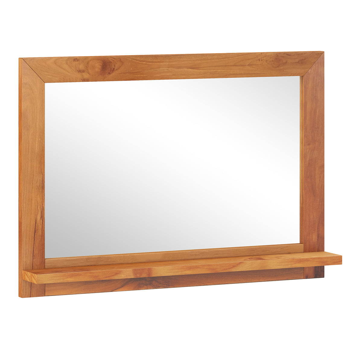 Farmhouse Wall Mirror with Shelf and Teak Wood Frame - Rustic Bathroom & Entryway Decor