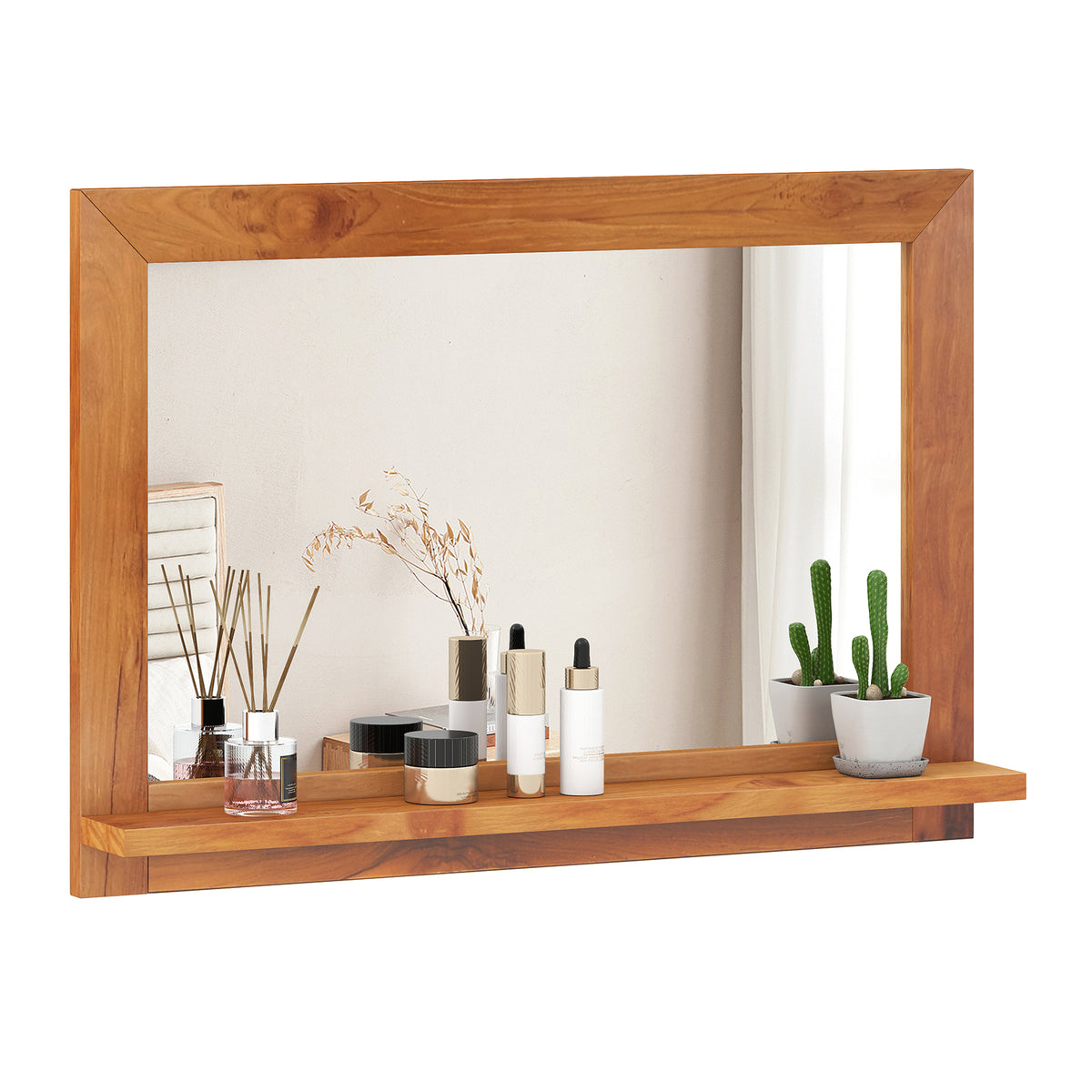 Farmhouse Wall Mirror with Shelf and Teak Wood Frame - Rustic Bathroom & Entryway Decor