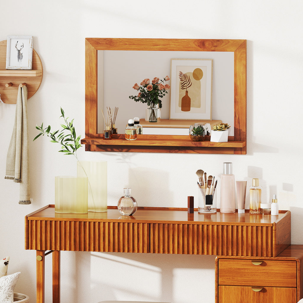Farmhouse Wall Mirror with Shelf and Teak Wood Frame - Rustic Bathroom & Entryway Decor