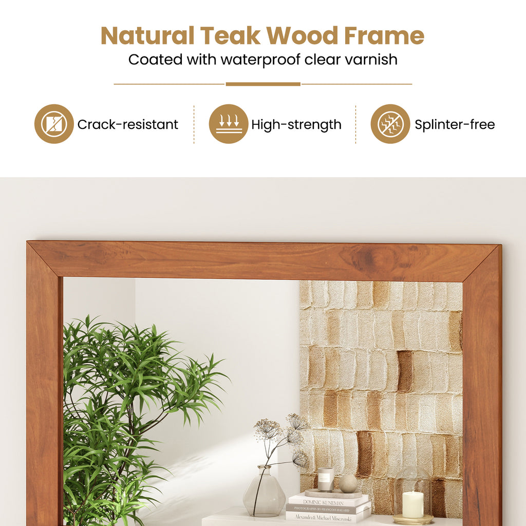 Farmhouse Wall Mirror with Shelf and Teak Wood Frame - Rustic Bathroom & Entryway Decor