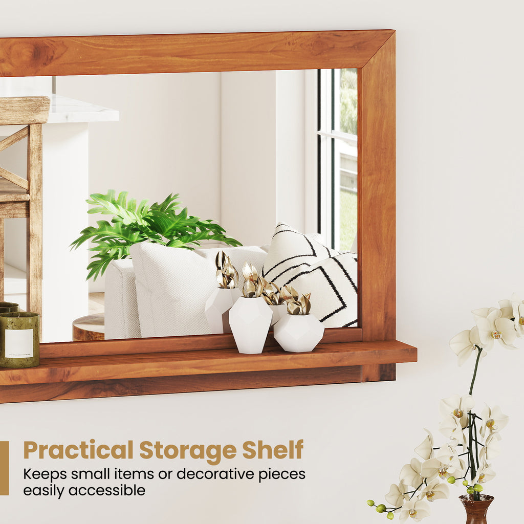 Farmhouse Wall Mirror with Shelf and Teak Wood Frame - Rustic Bathroom & Entryway Decor