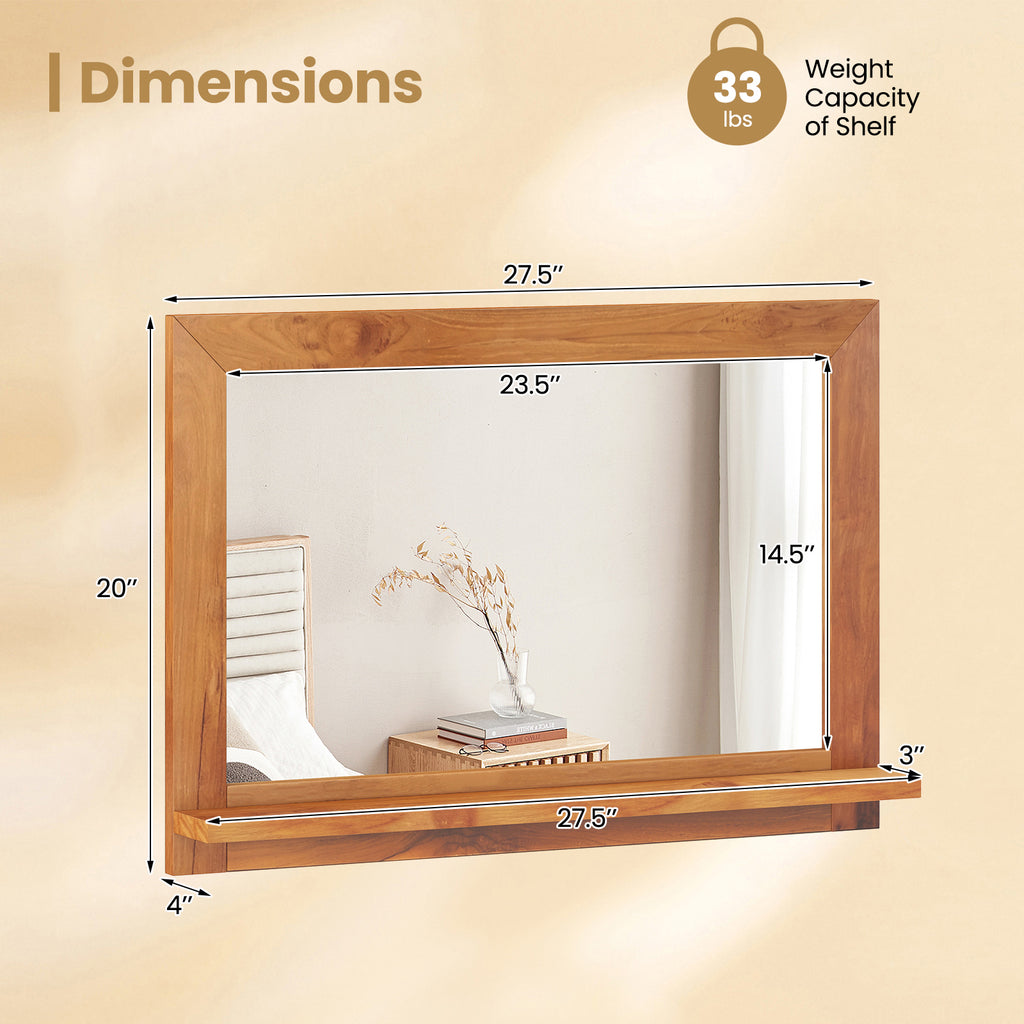 Farmhouse Wall Mirror with Shelf and Teak Wood Frame - Rustic Bathroom & Entryway Decor