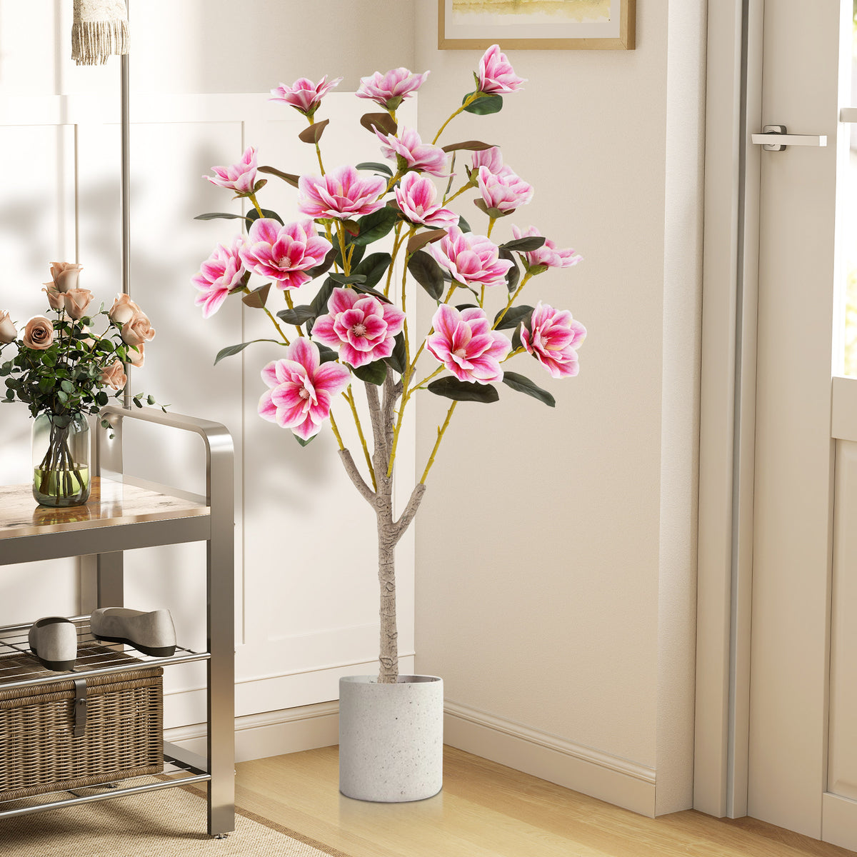 Pink Faux Wedding Flower Plant with PEVA Leaves & Multi-Branch Trunks - Elegant Indoor Decor
