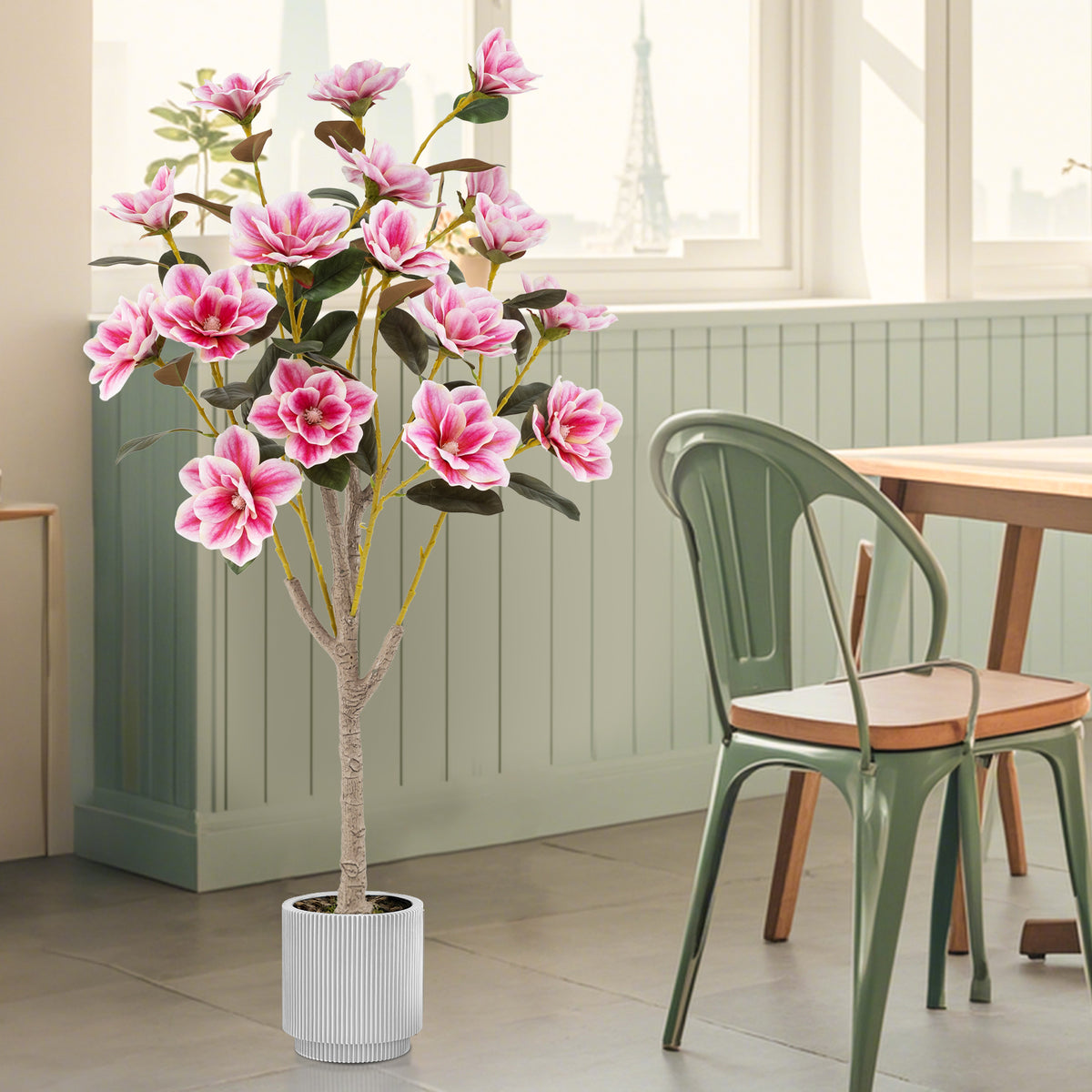 Pink Faux Wedding Flower Plant with PEVA Leaves & Multi-Branch Trunks - Elegant Indoor Decor
