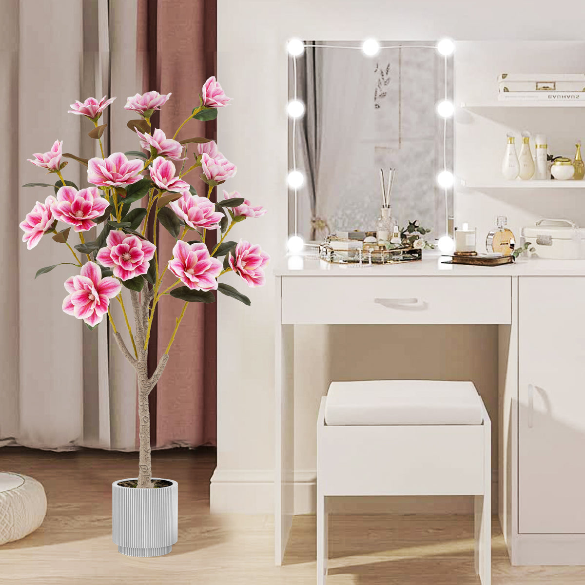 Pink Faux Wedding Flower Plant with PEVA Leaves & Multi-Branch Trunks - Elegant Indoor Decor