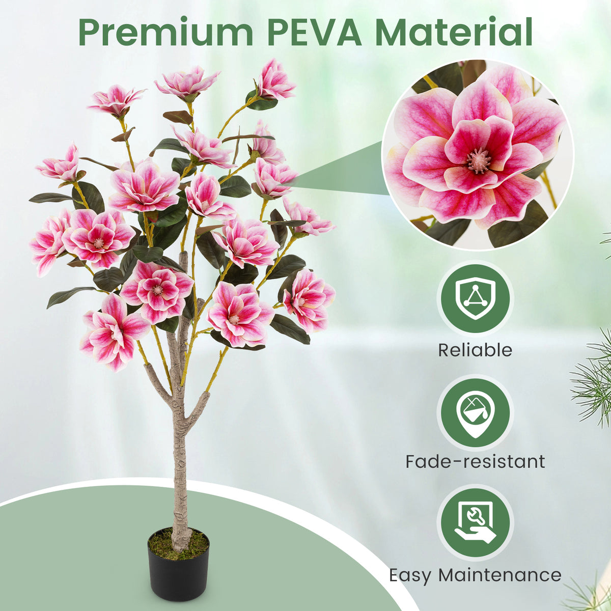 Pink Faux Wedding Flower Plant with PEVA Leaves & Multi-Branch Trunks - Elegant Indoor Decor