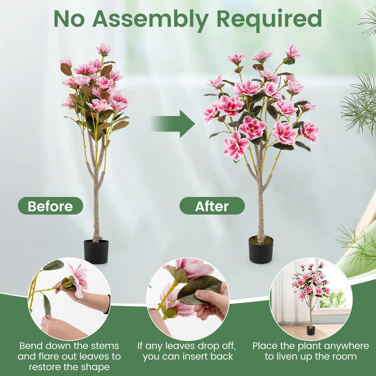 Pink Faux Wedding Flower Plant with PEVA Leaves & Multi-Branch Trunks - Elegant Indoor Decor