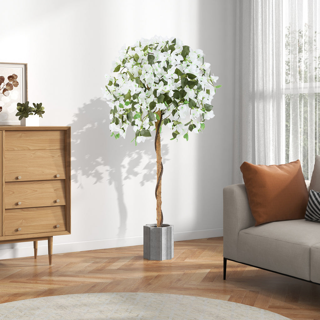 Artificial Azalea Tree with Cement Pot - White, 4.5 Feet, Realistic Indoor Decor