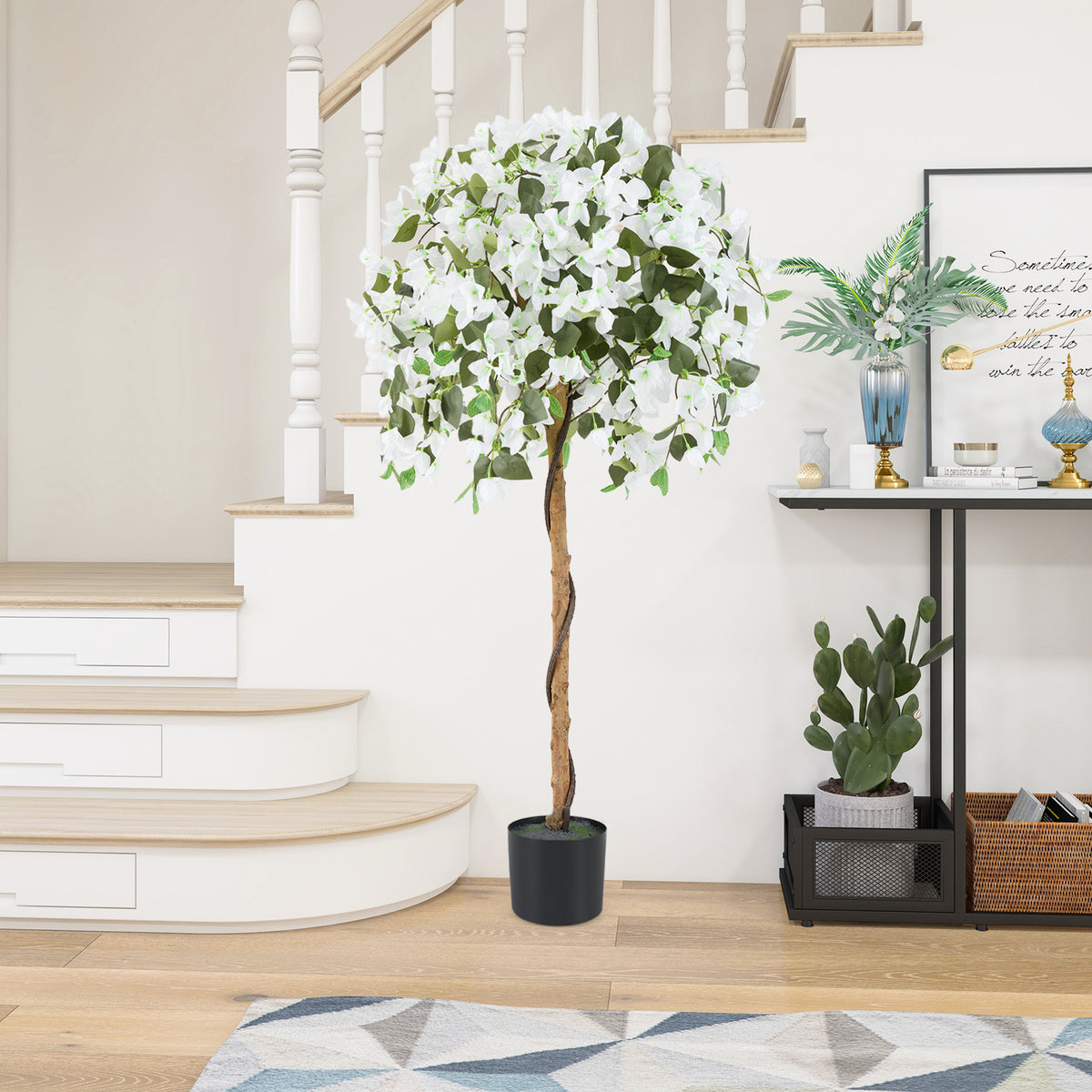Artificial Azalea Tree with Cement Pot - White, 4.5 Feet, Realistic Indoor Decor