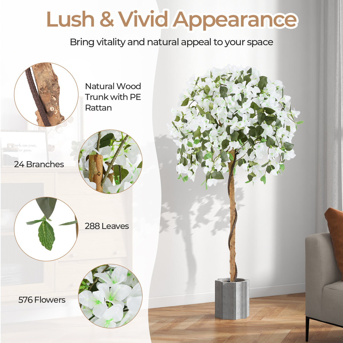 Artificial Azalea Tree with Cement Pot - White, 4.5 Feet, Realistic Indoor Decor