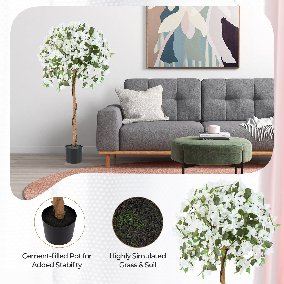 Artificial Azalea Tree with Cement Pot - White, 4.5 Feet, Realistic Indoor Decor