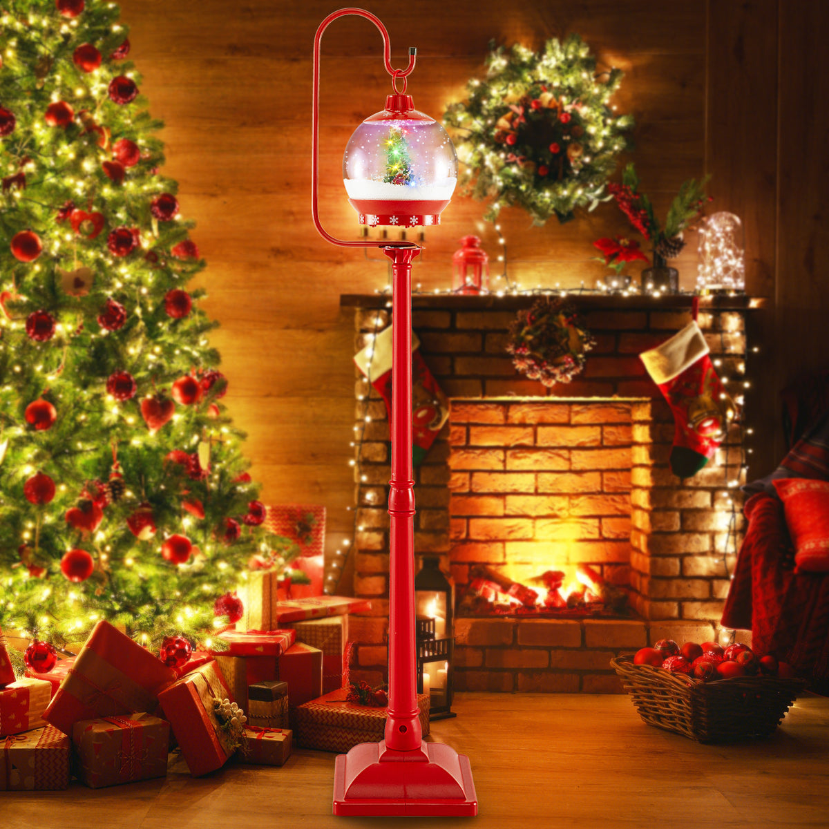 68 Inch Festive Musical Christmas Street Lamp Post with Snow Globe Lantern - Red Variation