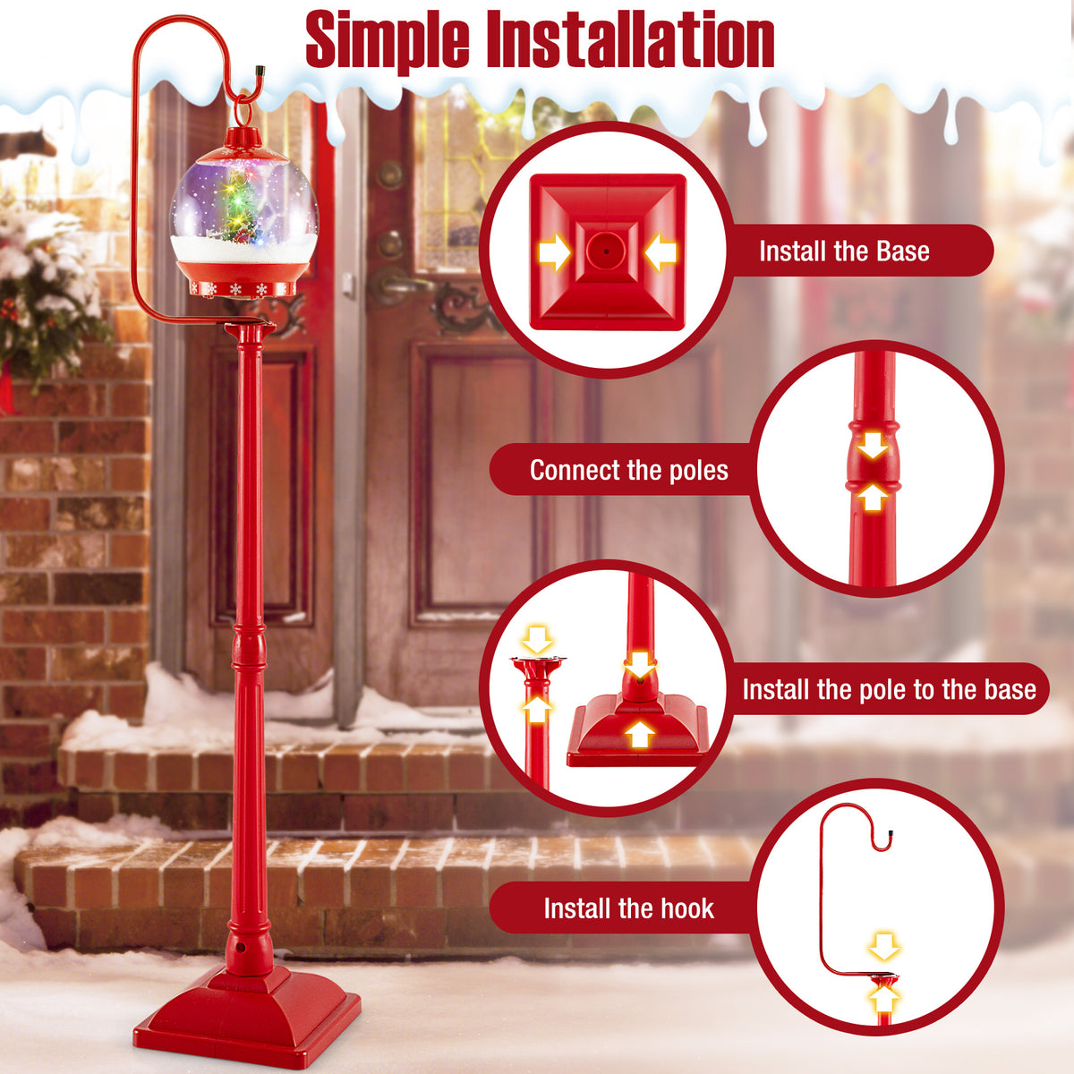 68 Inch Festive Musical Christmas Street Lamp Post with Snow Globe Lantern - Red Variation