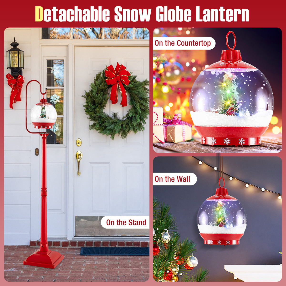 68 Inch Festive Musical Christmas Street Lamp Post with Snow Globe Lantern - Red Variation