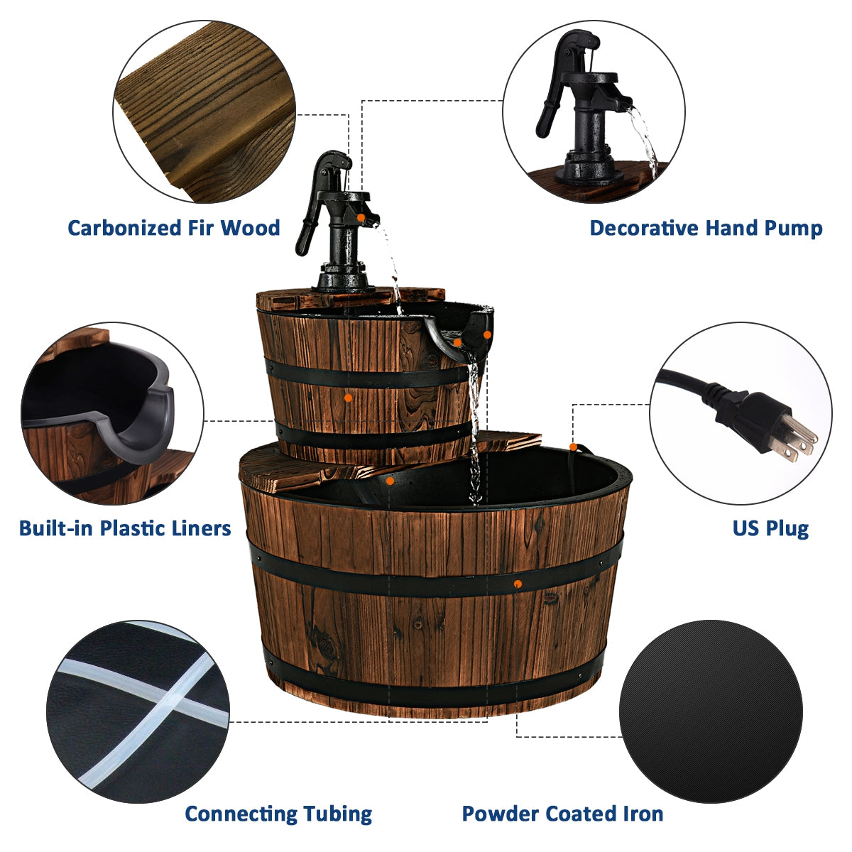 17.5"L x 17.5"W x 24"H Wooden Barrel Waterfall Fountain with Pump - Outdoor Garden Decor
