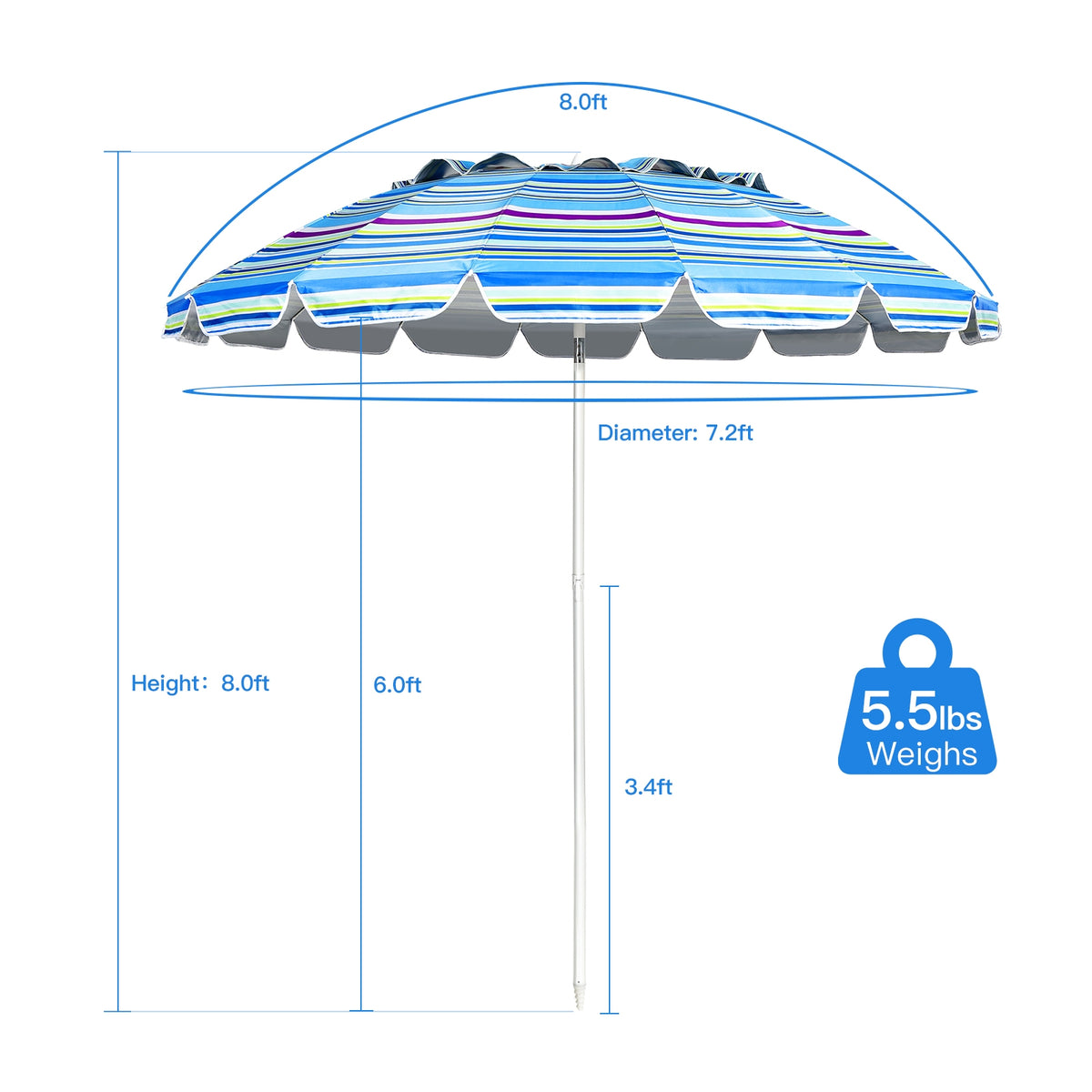 8 Ft Portable Beach Umbrella with Sand Anchor - Blue