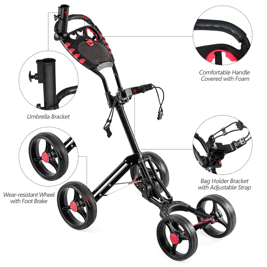 4 Wheel Folding Golf Push Cart Trolley with Adjustable Handle & Accessories
