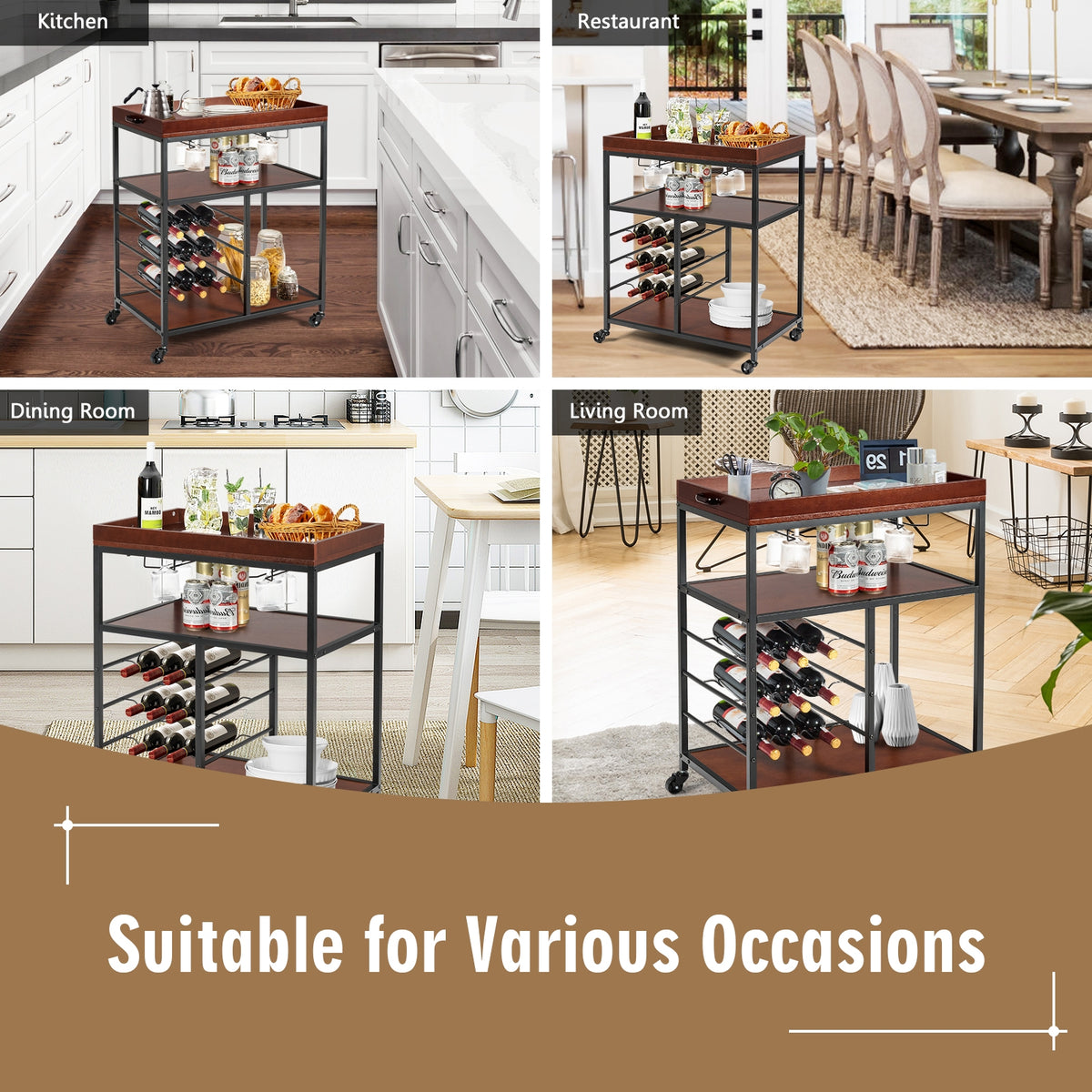 3-Tier Bar Cart with Wine Rack - 2 Row Glass Holders