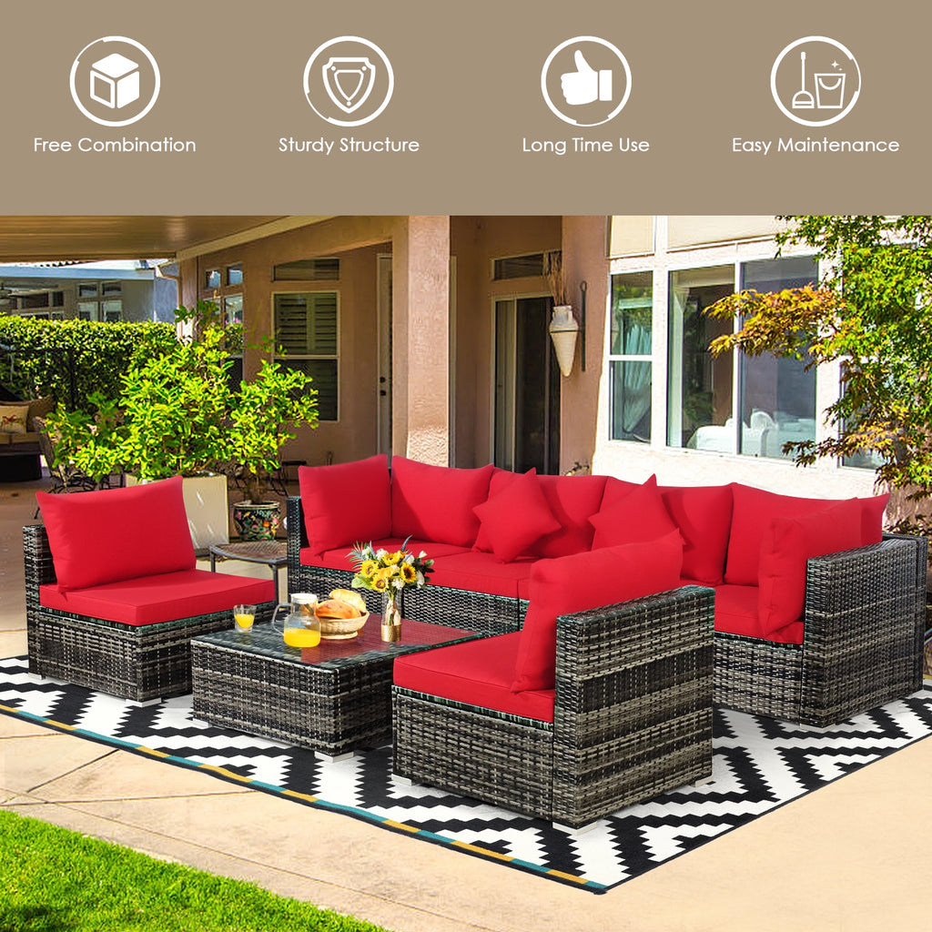 7-Piece Patio Rattan Sectional Sofa Set - Mix Gray & Red