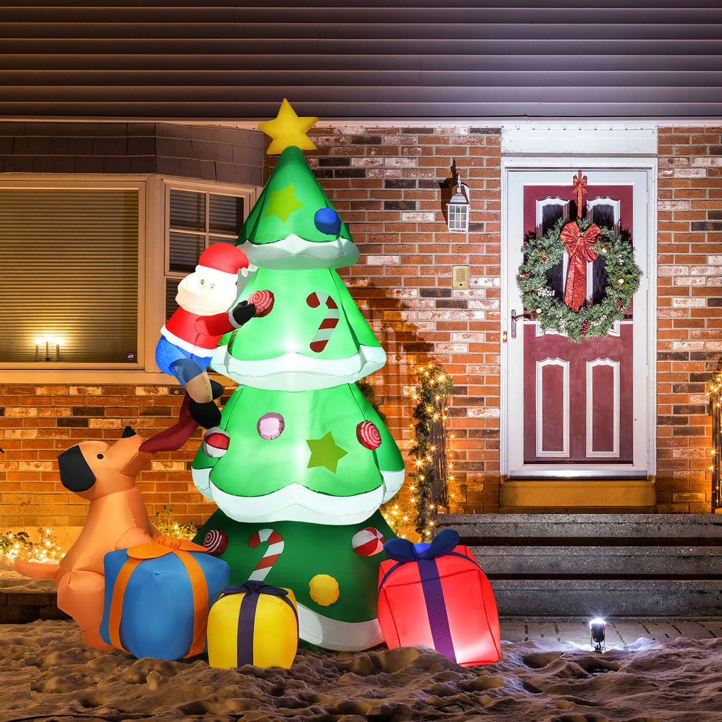 Inflatable Christmas Tree with Santa Puppy & LED Lights - 7 Feet, Dog Chasing Santa Variation