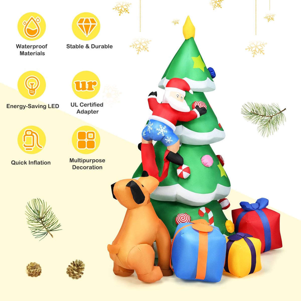 Inflatable Christmas Tree with Santa Puppy & LED Lights - 7 Feet, Dog Chasing Santa Variation