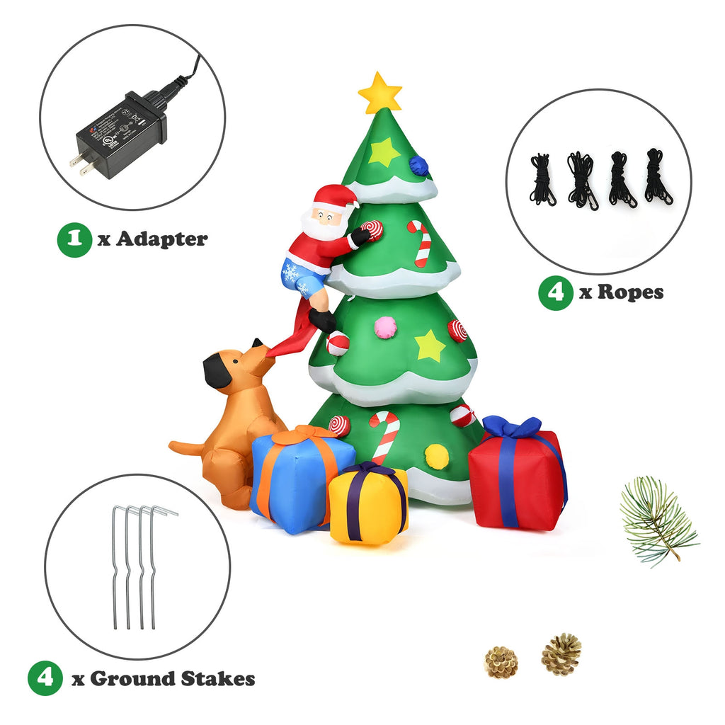 Inflatable Christmas Tree with Santa Puppy & LED Lights - 7 Feet, Dog Chasing Santa Variation