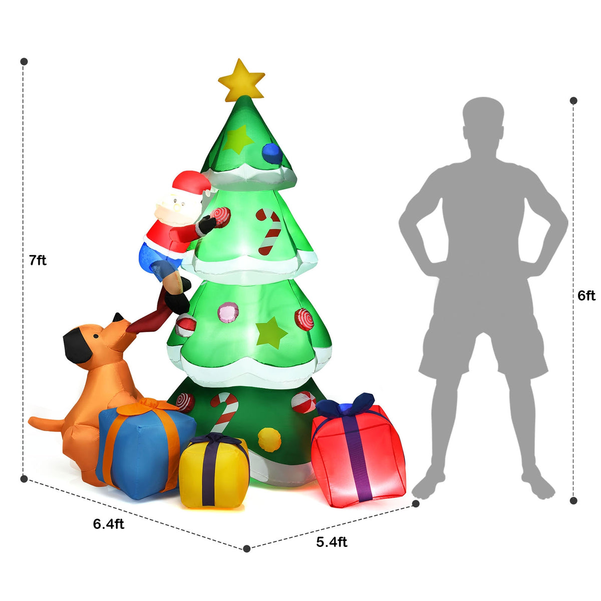Inflatable Christmas Tree with Santa Puppy & LED Lights - 7 Feet, Dog Chasing Santa Variation