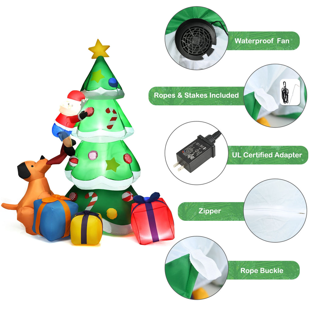 Inflatable Christmas Tree with Santa Puppy & LED Lights - 7 Feet, Dog Chasing Santa Variation